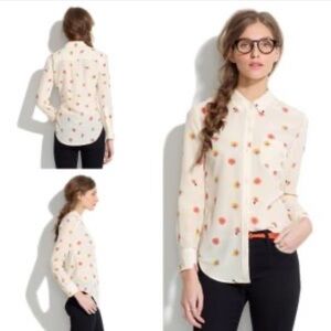 Madewell Cream 100% Silk Blouse with Orange Yellow Floral Size Small